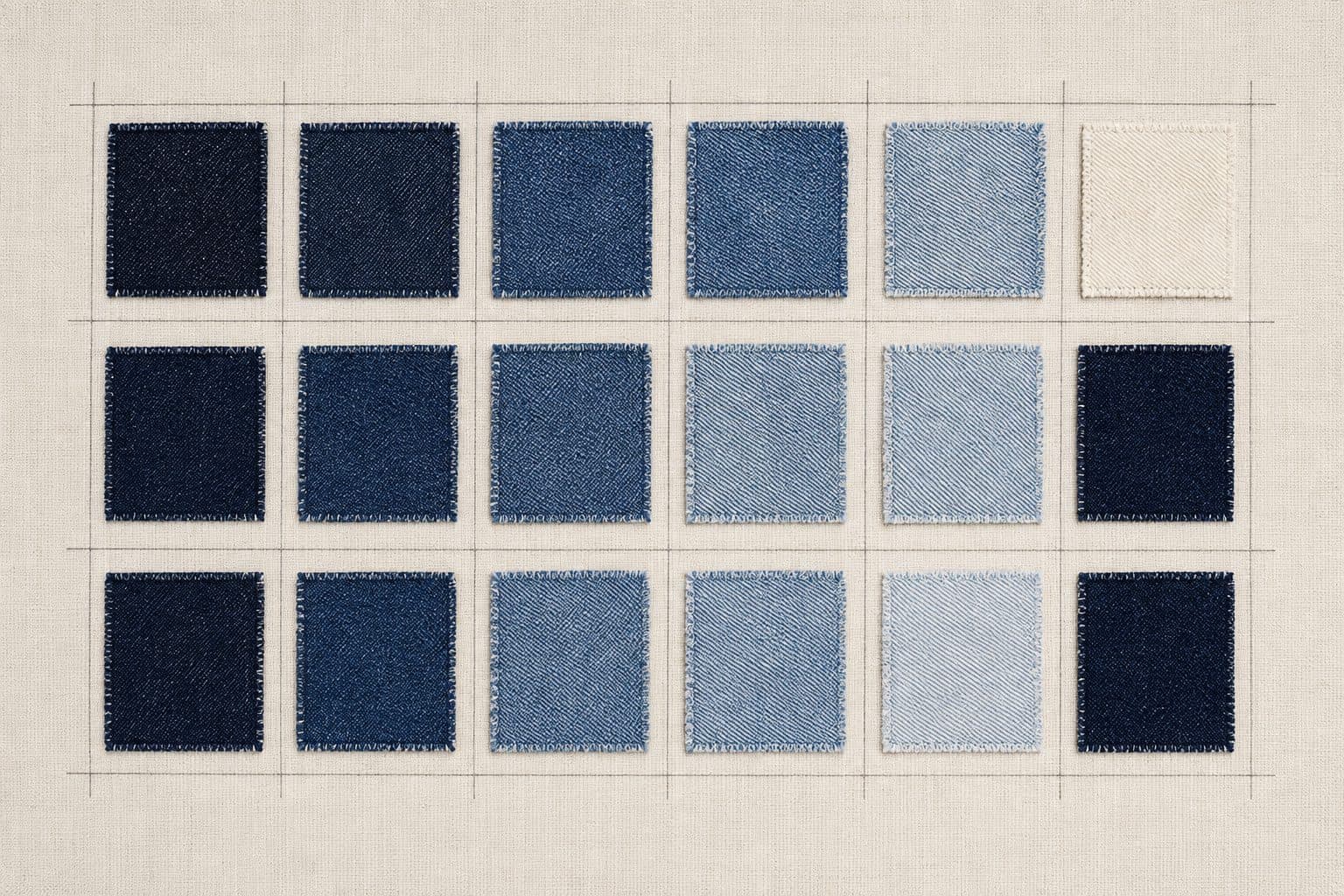A lattice of eighteen small denim swatches arranged in three rows of six, separated by hairlines