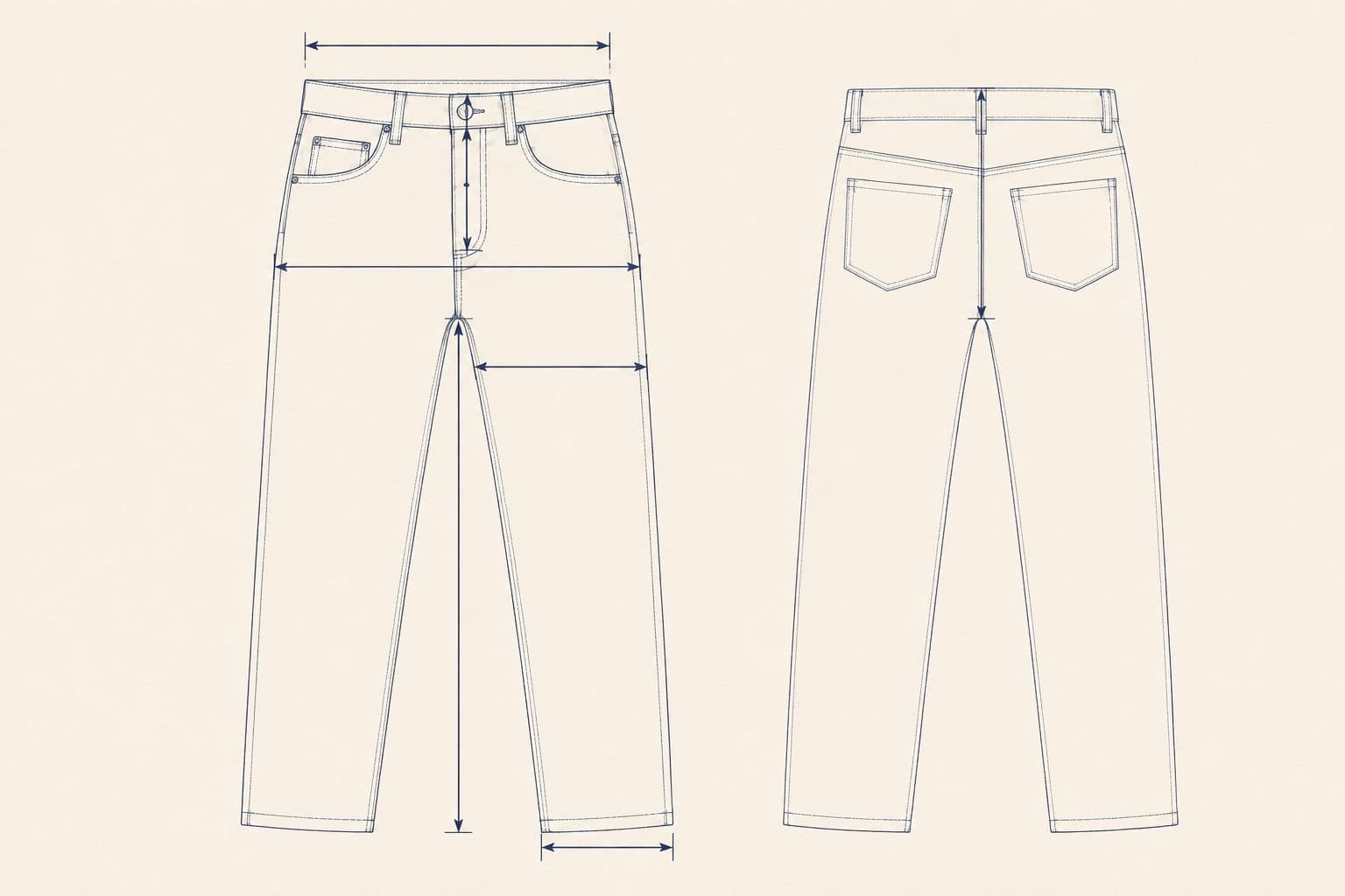 Technical flat sketch of a pair of trousers with measurement arrows, including the inside leg
