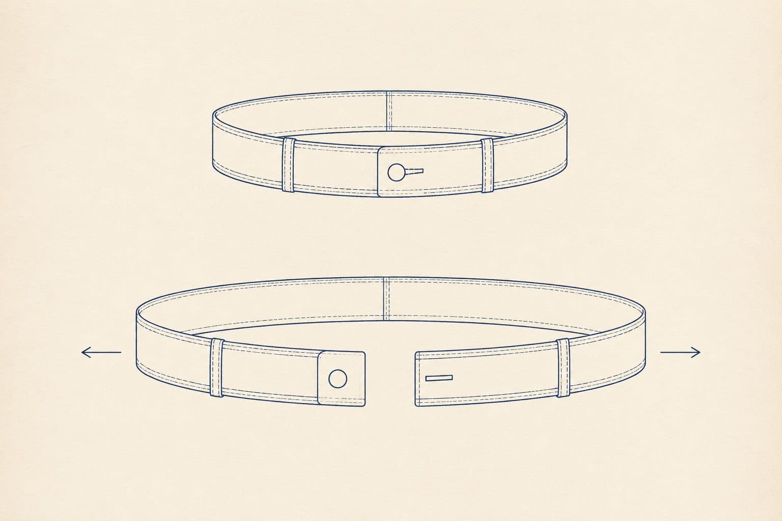 Diagram of a waistband drawn twice, closed and slightly opened, with arrows showing the increase