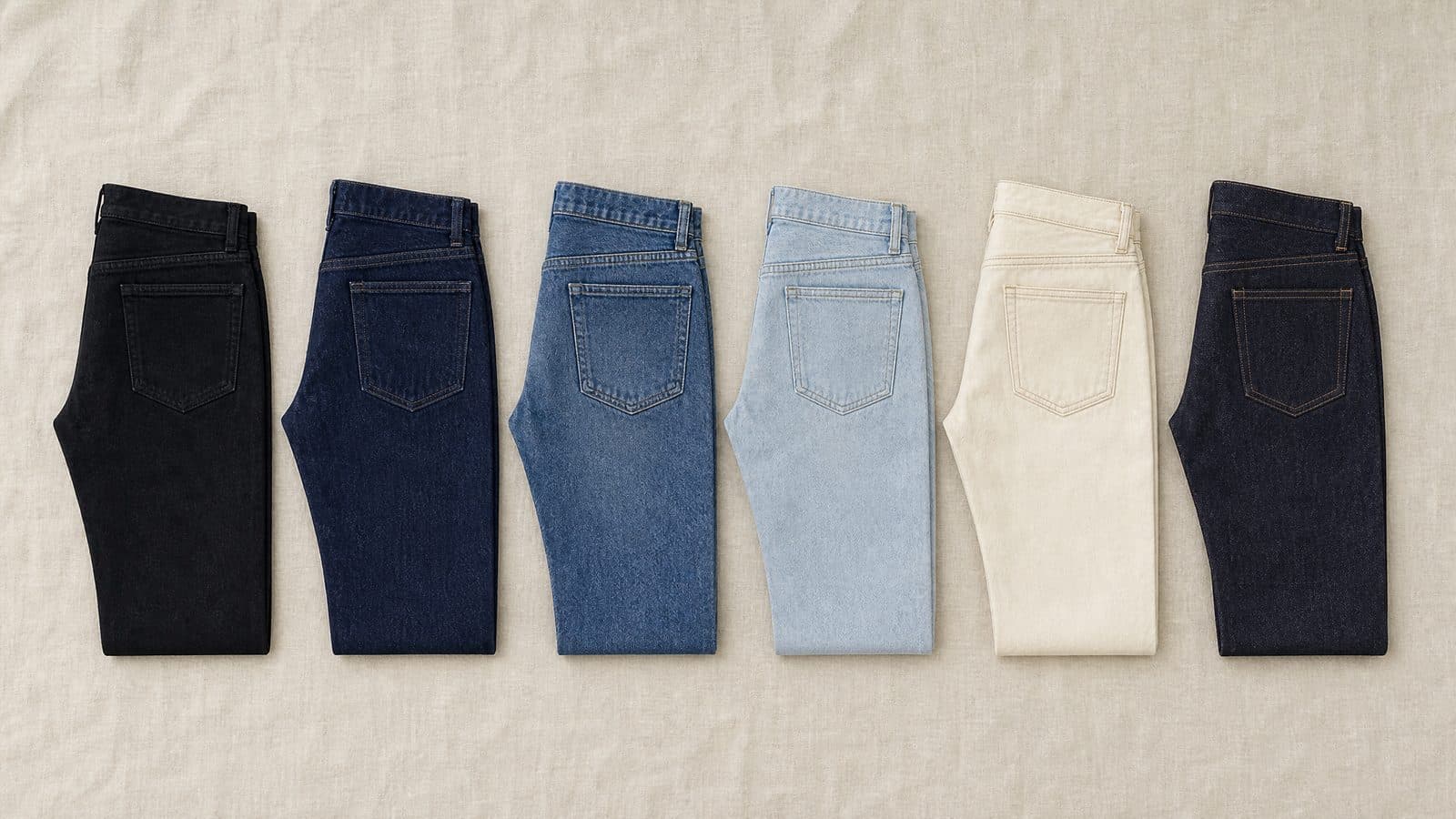Six identical pairs of denim trousers laid in one row on linen, running from near-black through mid blue and pale blue to undyed cream and unwashed indigo