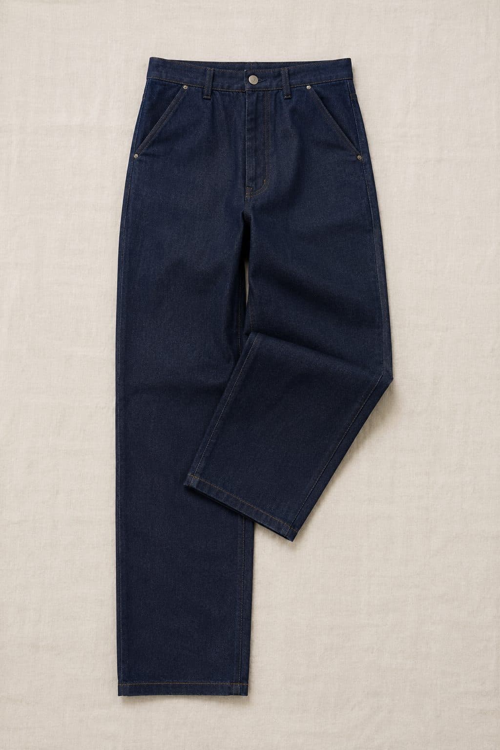 Raw Tapered 14oz, laid flat on linen