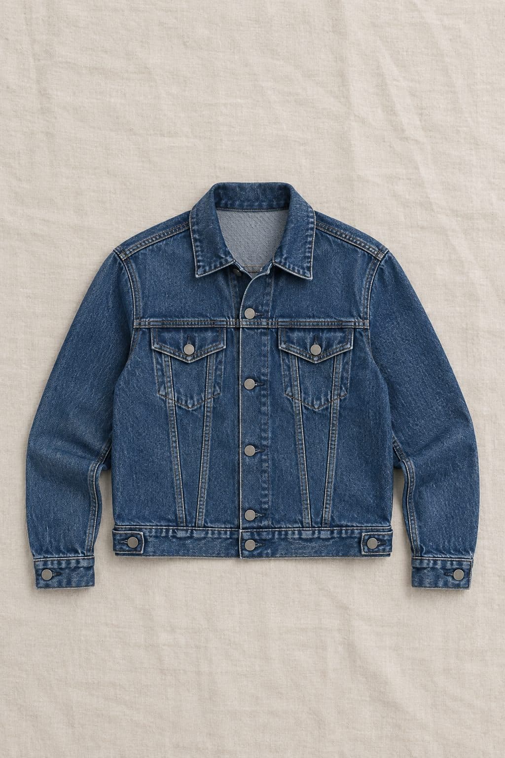 Trucker Jacket Mid, laid flat on linen