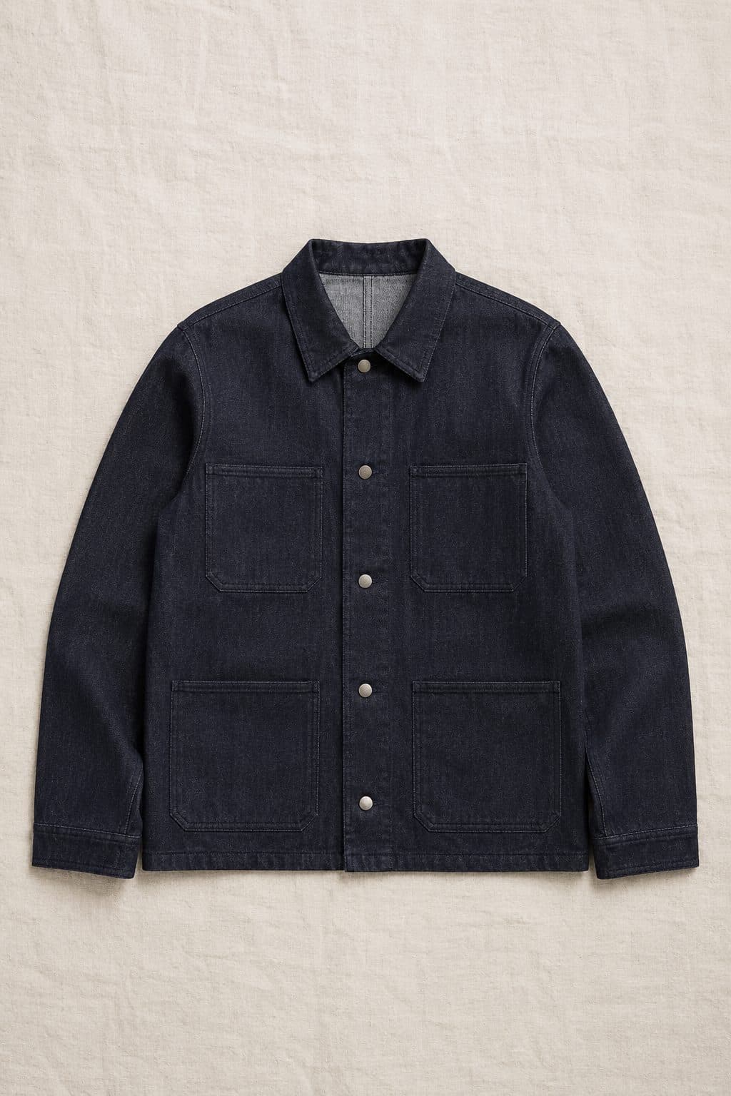 Chore Jacket Denim, laid flat on linen