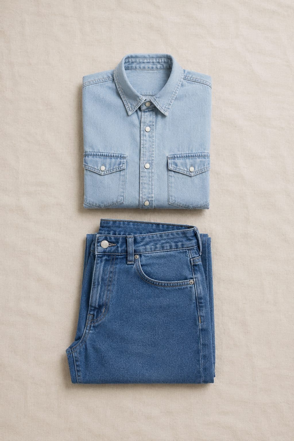 Denim-on-Denim Set, laid flat on linen