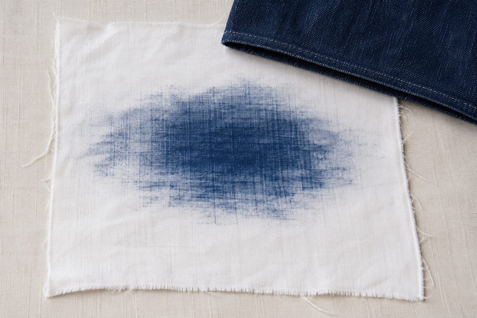 A white cotton test cloth carrying a broad blue indigo smear after being rubbed against dark denim