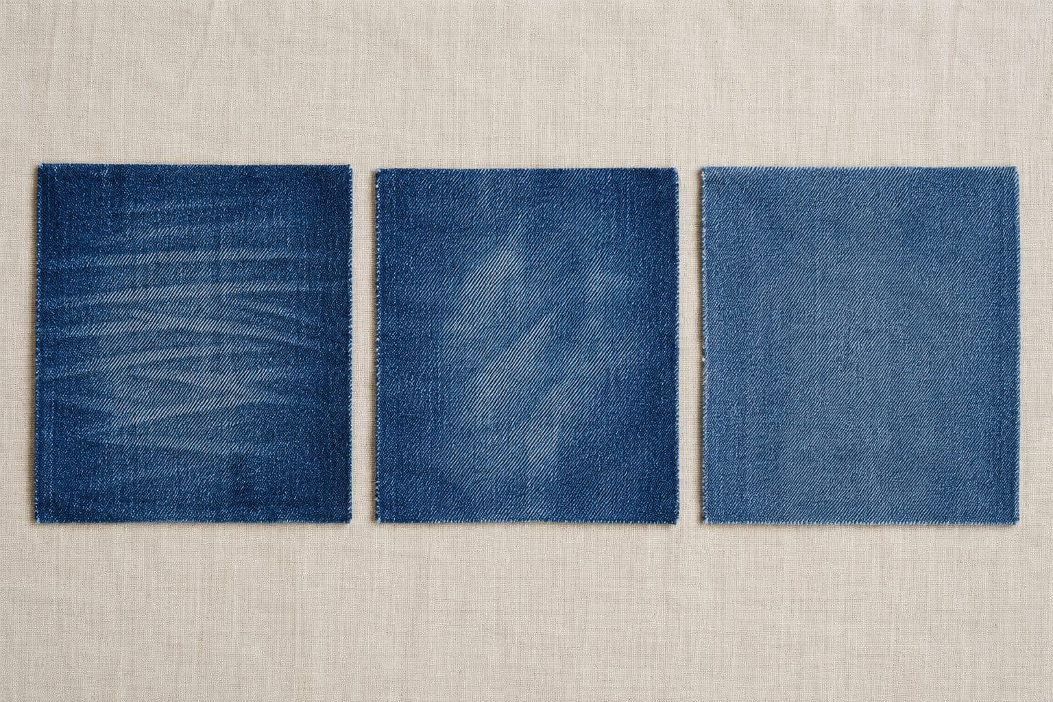Three denim panels showing a machine-etched fade, a hand-rubbed fade and an enzyme-softened surface